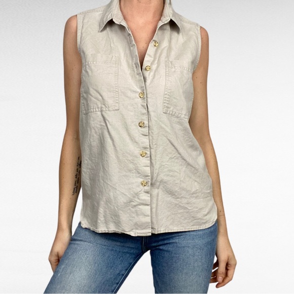 VINTAGE | Carol Horn Workshop Light Taupe Natural Linen Blend Sleeveless Shirt - Picture 2 of 8